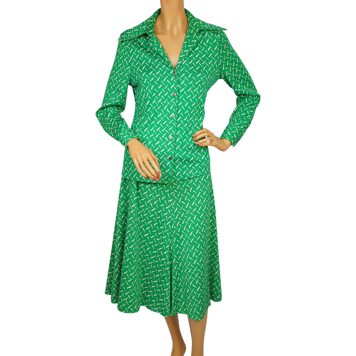 Vintage 1970s Diane Von Furstenberg 2 piece Ensemble Blouse &amp; Skirt Green L 14 - Poppy's Vintage Clothing