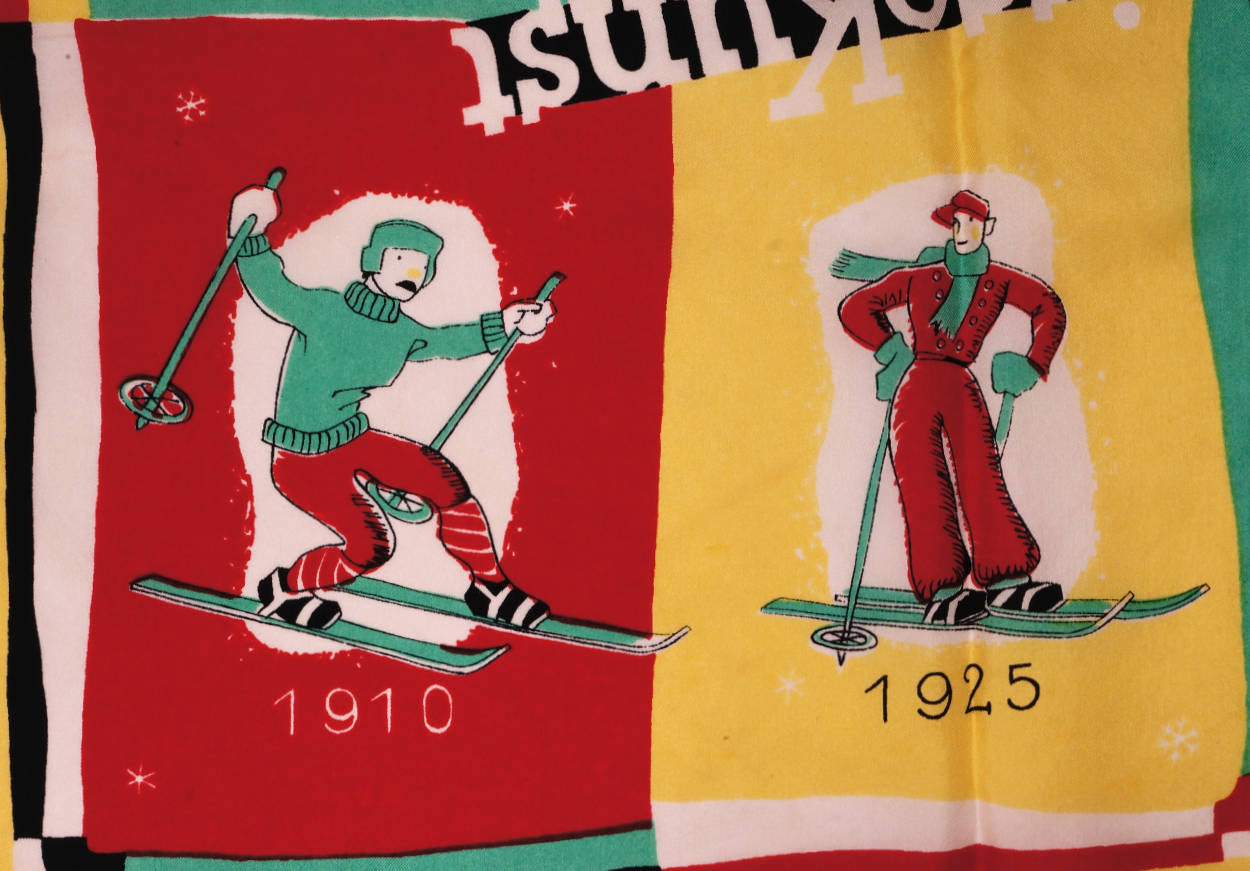 Vintage Ski Silk Scarf Swiss Die Weisse Kunst Skiing History w Skiers 1950 - Poppy's Vintage Clothing