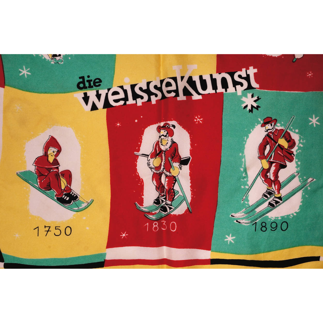Vintage Ski Silk Scarf Swiss Die Weisse Kunst Skiing History w Skiers 1950 - Poppy's Vintage Clothing
