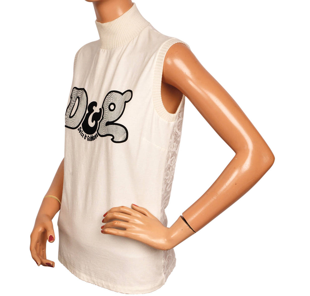 Dolce & Gabbana Logo Sleeveless Shell Top w Lace Back Made in Italy Size M - Poppy's Vintage Clothing