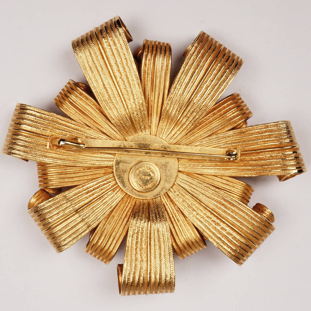 Vintage Dominique Aurientis Paris Brooch Gold Tone Starburst Ribbons Rhinestones - Poppy's Vintage Clothing