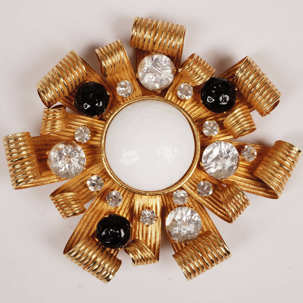 Vintage Dominique Aurientis Paris Brooch Gold Tone Starburst Ribbons Rhinestones - Poppy's Vintage Clothing