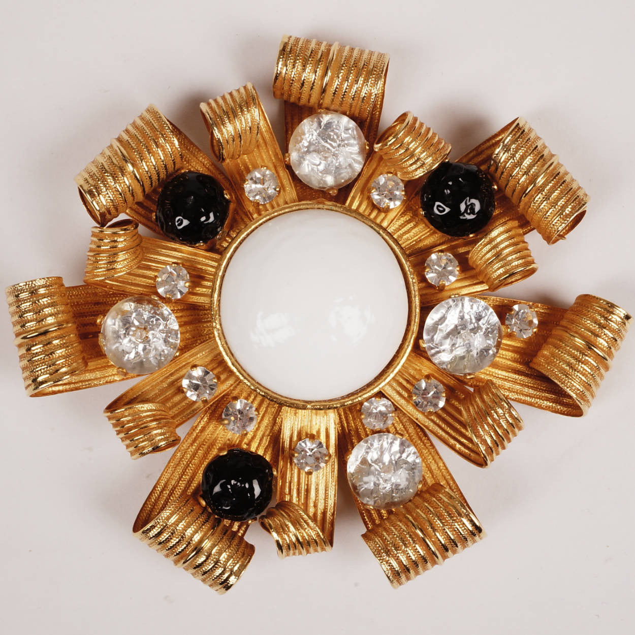 Vintage Dominique Aurientis Paris Brooch Gold Tone Starburst Ribbons Rhinestones - Poppy's Vintage Clothing