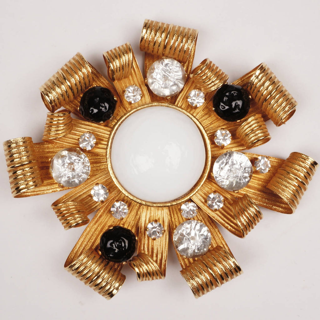 Vintage Dominique Aurientis Paris Brooch Gold Tone Starburst Ribbons Rhinestones - Poppy's Vintage Clothing