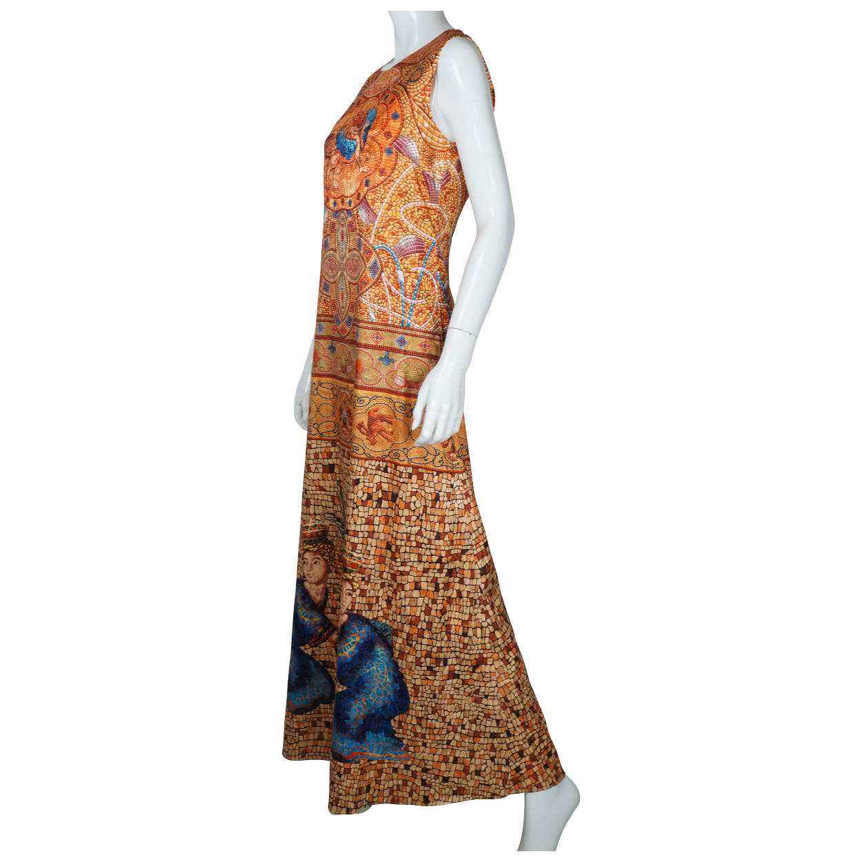 Donna Karan Silk Dress Byzantine Tile Pattern Print Sleeveless Full Length Sz M - Poppy's Vintage Clothing
