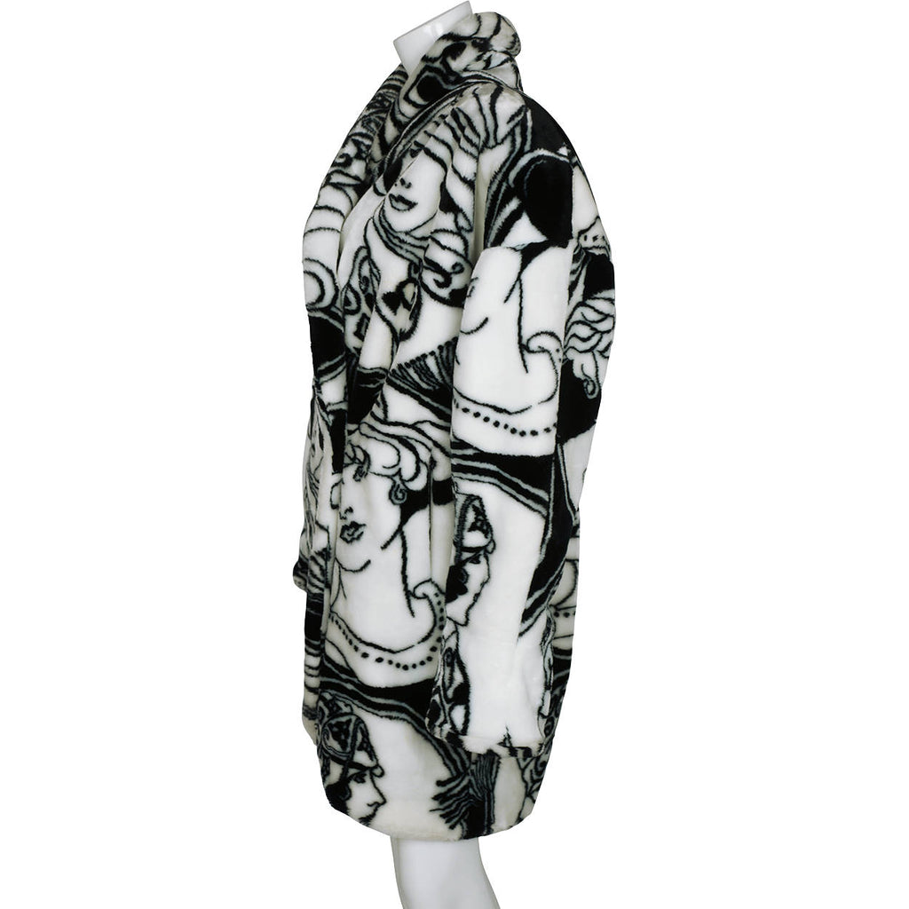 Vintage 1980s Donnybrook Faces Faux Fur Coat Flapper Girls Acrylic Pile Novelty Print - Poppy's Vintage Clothing