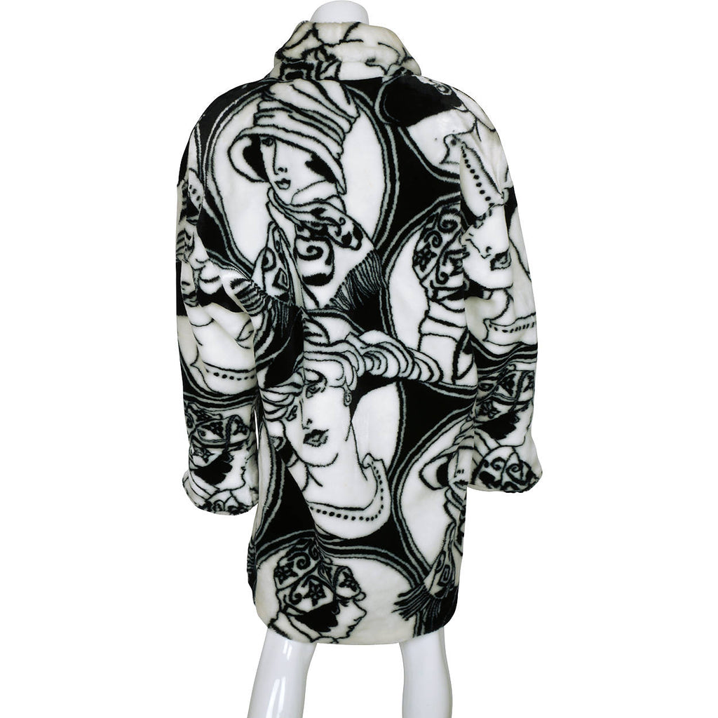 Vintage 1980s Donnybrook Faces Faux Fur Coat Flapper Girls Acrylic Pile Novelty Print - Poppy's Vintage Clothing