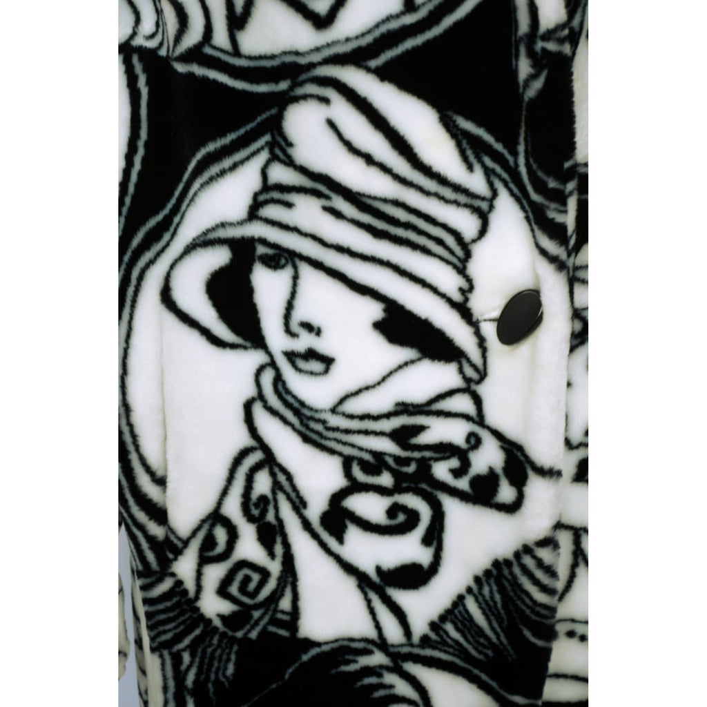 Vintage 1980s Donnybrook Faces Faux Fur Coat Flapper Girls Acrylic Pile Novelty Print - Poppy's Vintage Clothing