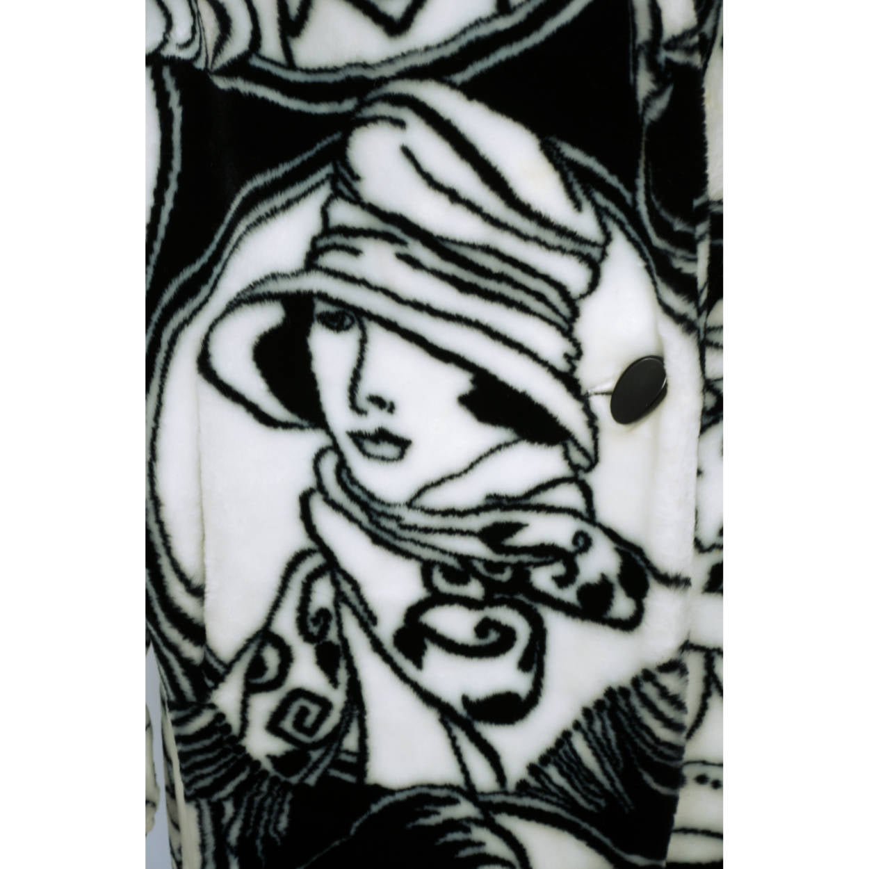 Vintage 1980s Donnybrook Faces Faux Fur Coat Flapper Girls Acrylic Pile Novelty Print - Poppy's Vintage Clothing