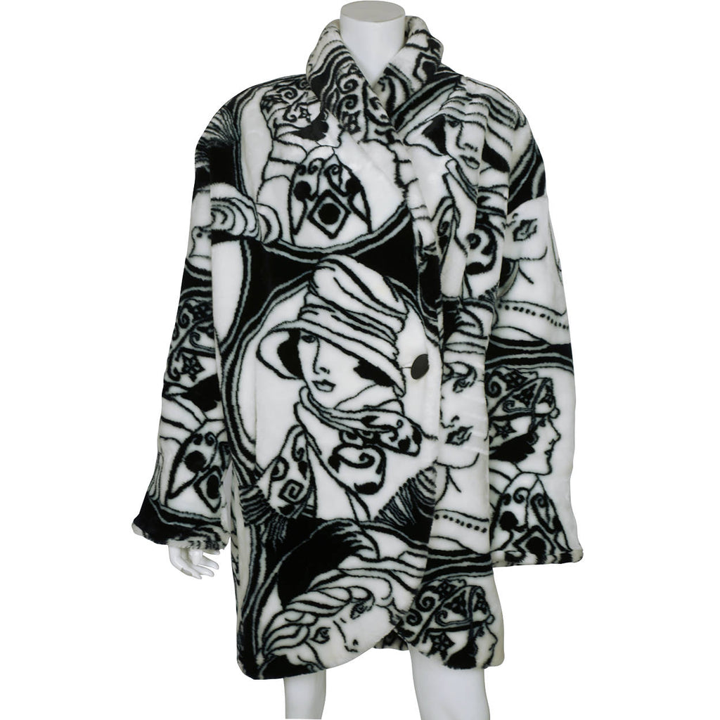 Vintage 1980s Donnybrook Faces Faux Fur Coat Flapper Girls Acrylic Pile Novelty Print - Poppy's Vintage Clothing
