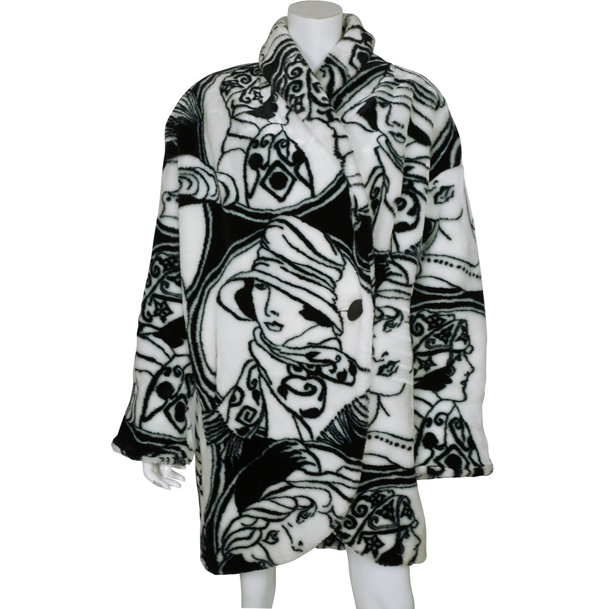 Vintage 1980s Donnybrook Faces Faux Fur Coat Flapper Girls Acrylic Pile Novelty Print - Poppy's Vintage Clothing