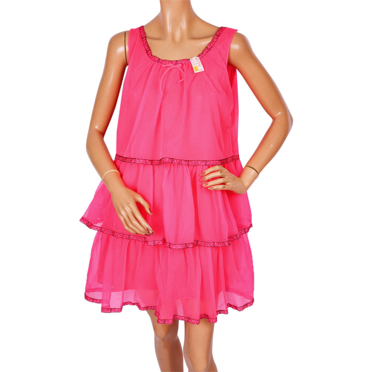 Vintage 1960s Shocking Pink Nylon Ruffled Nightgown with Matching Panties - New Old Stock - S - Poppy's Vintage Clothing