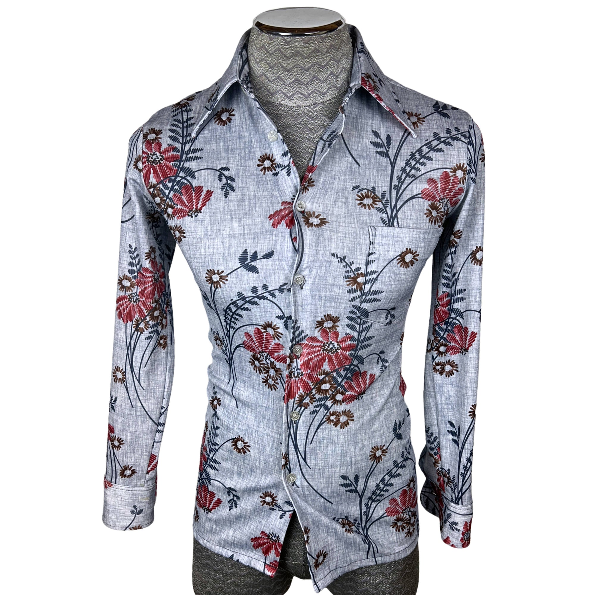 Vintage 1970s Disco Shirt Polyester Floral Pattern Size S