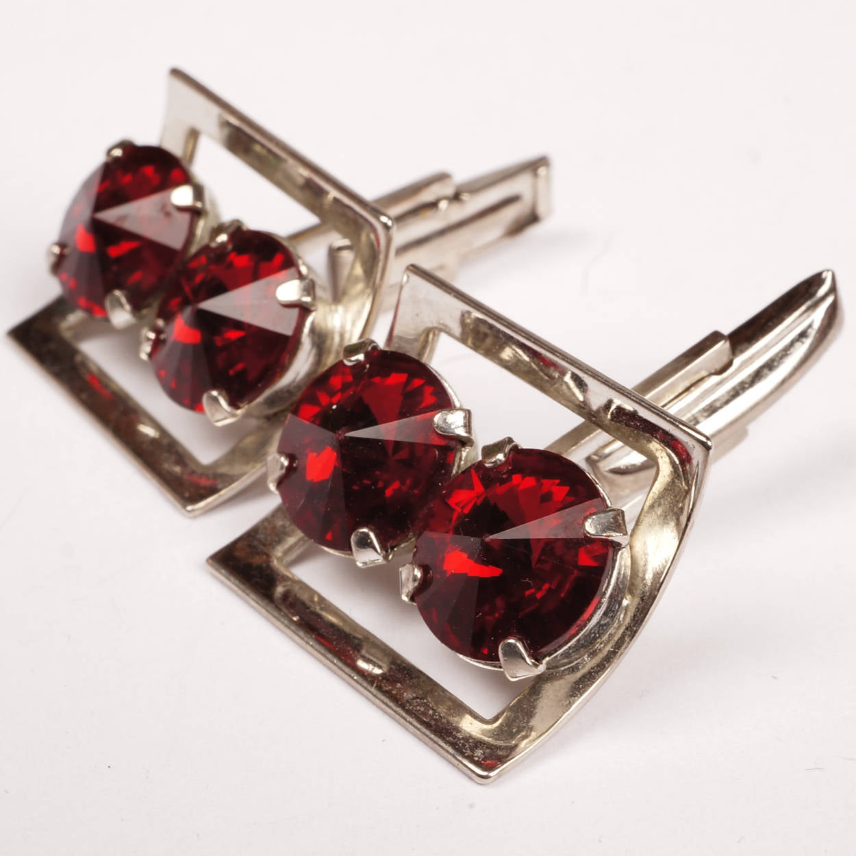 Vintage 1960s Double Red Rhinestone Cufflinks Silver Tone Setting - Poppy's Vintage Clothing