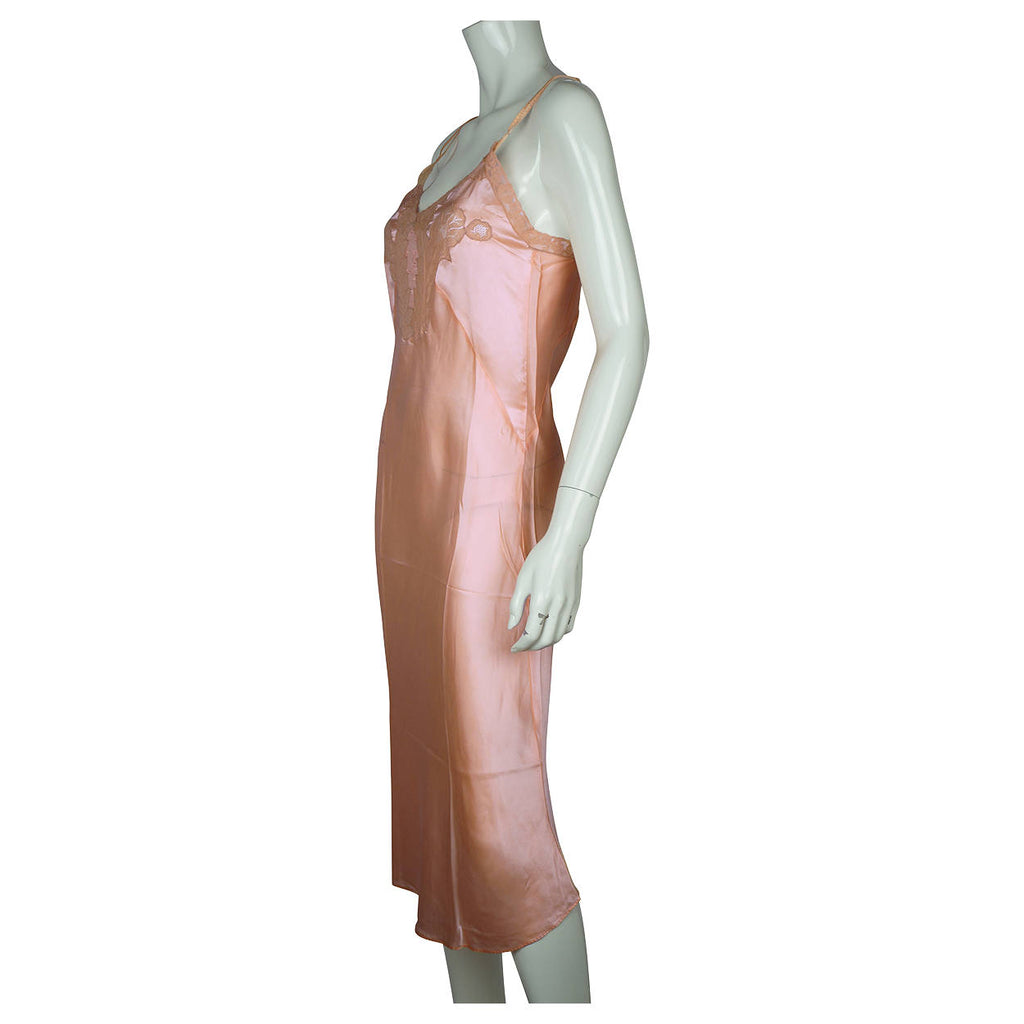 Vintage 1930s Slip Ladies Pink Silk Lingerie with Ecru Lace Trim Size 34 - Poppy's Vintage Clothing