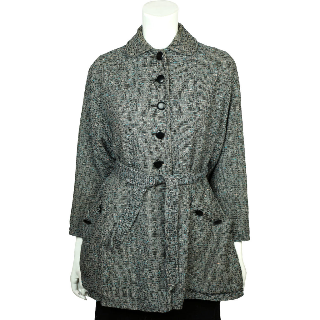 Vintage 1950s Swing Jacket Flecked Grey with Belt Size L - Poppy's Vintage Clothing
