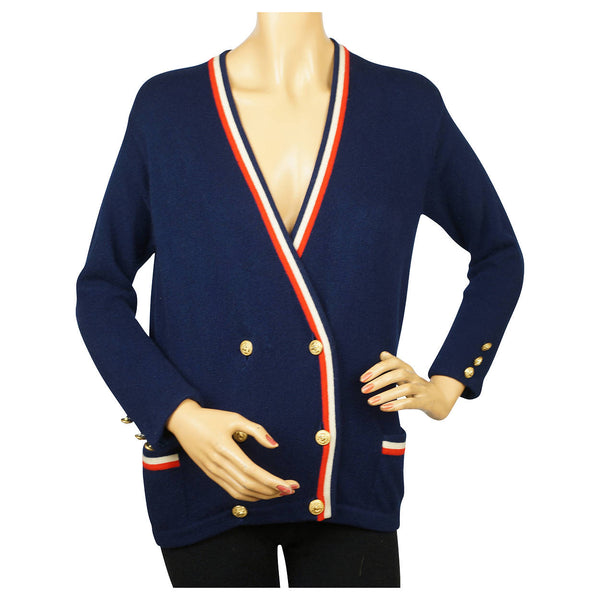 Vintage Pringle Scottish Cashmere Cardigan Sweater Patriotic Red White & Blue M - Poppy's Vintage Clothing