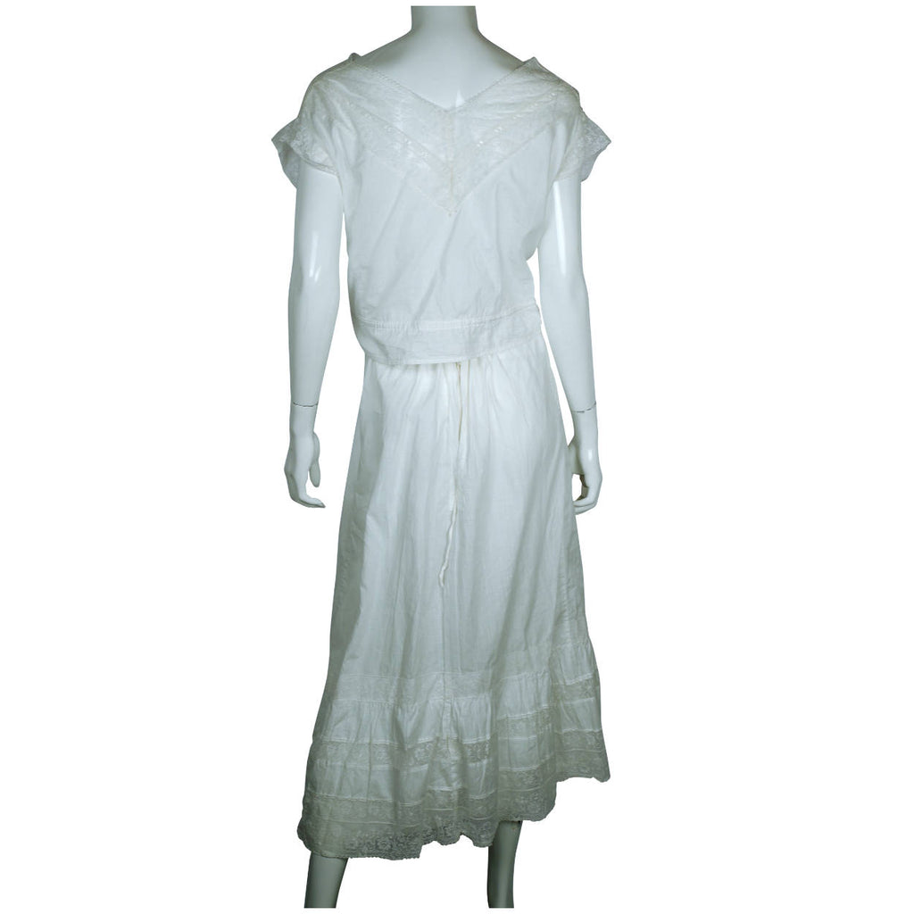 Antique Edwardian White Cotton Petticoat &amp; Chemise Set w Lace Trim Size M / L - Poppy's Vintage Clothing