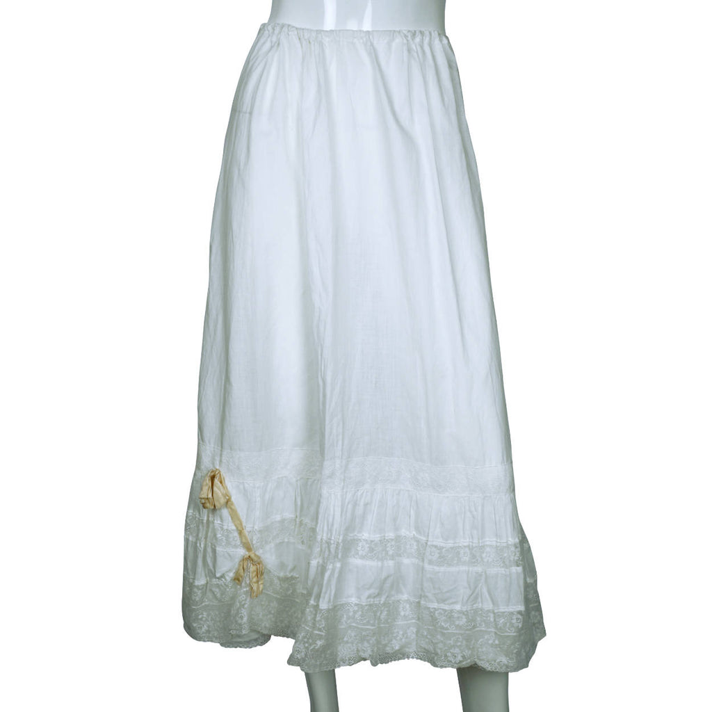 Antique Edwardian White Cotton Petticoat &amp; Chemise Set w Lace Trim Size M / L - Poppy's Vintage Clothing