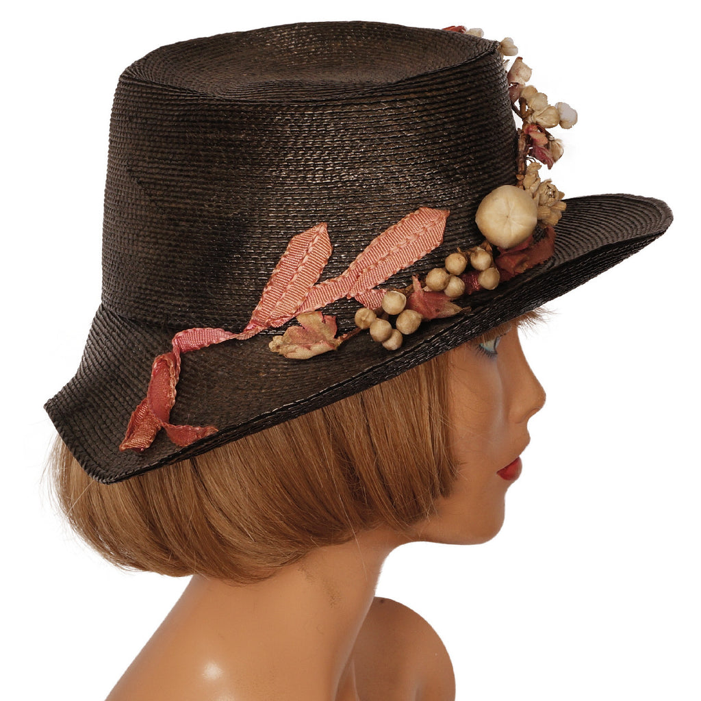 Antique Black Straw Hat Wide Brim pre 1920s - Poppy's Vintage Clothing