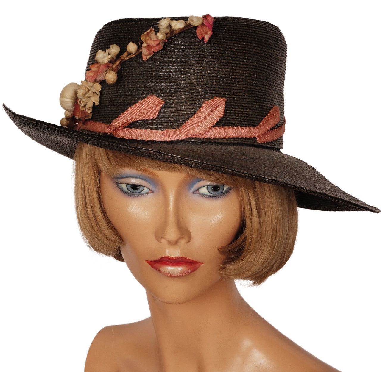 Antique Black Straw Hat Wide Brim pre 1920s - Poppy's Vintage Clothing