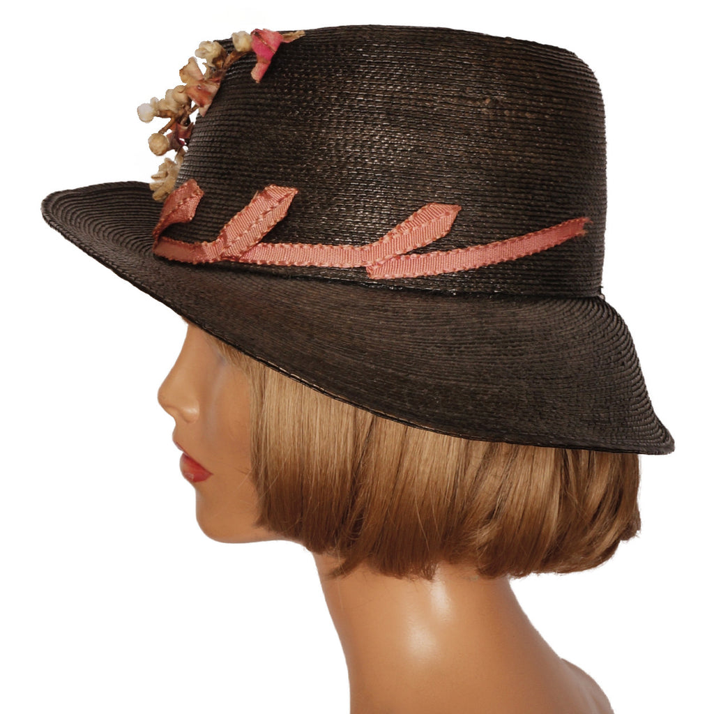 Antique Black Straw Hat Wide Brim pre 1920s - Poppy's Vintage Clothing