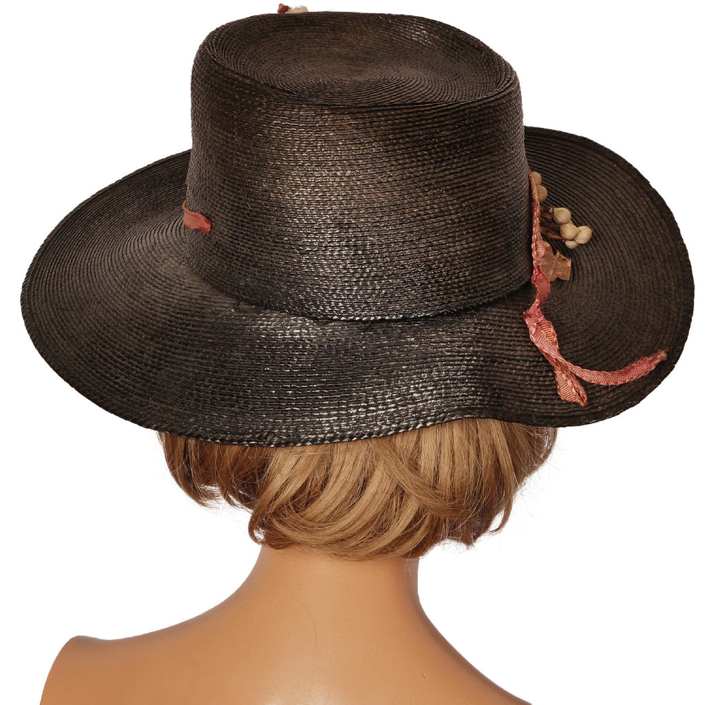 Antique Black Straw Hat Wide Brim pre 1920s - Poppy's Vintage Clothing