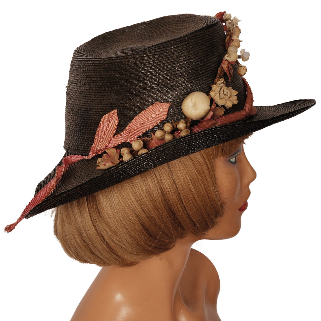 Antique Black Straw Hat Wide Brim pre 1920s - Poppy's Vintage Clothing