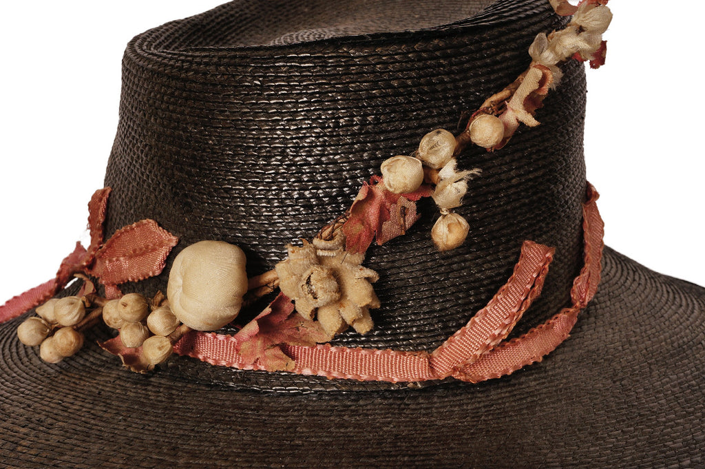 Antique Black Straw Hat Wide Brim pre 1920s - Poppy's Vintage Clothing