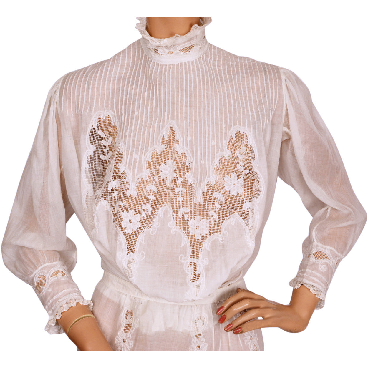 Antique Edwardian White Lawn Cotton & Lace Garden Party Dress - 2 Piece Outfit - Poppy's Vintage Clothing