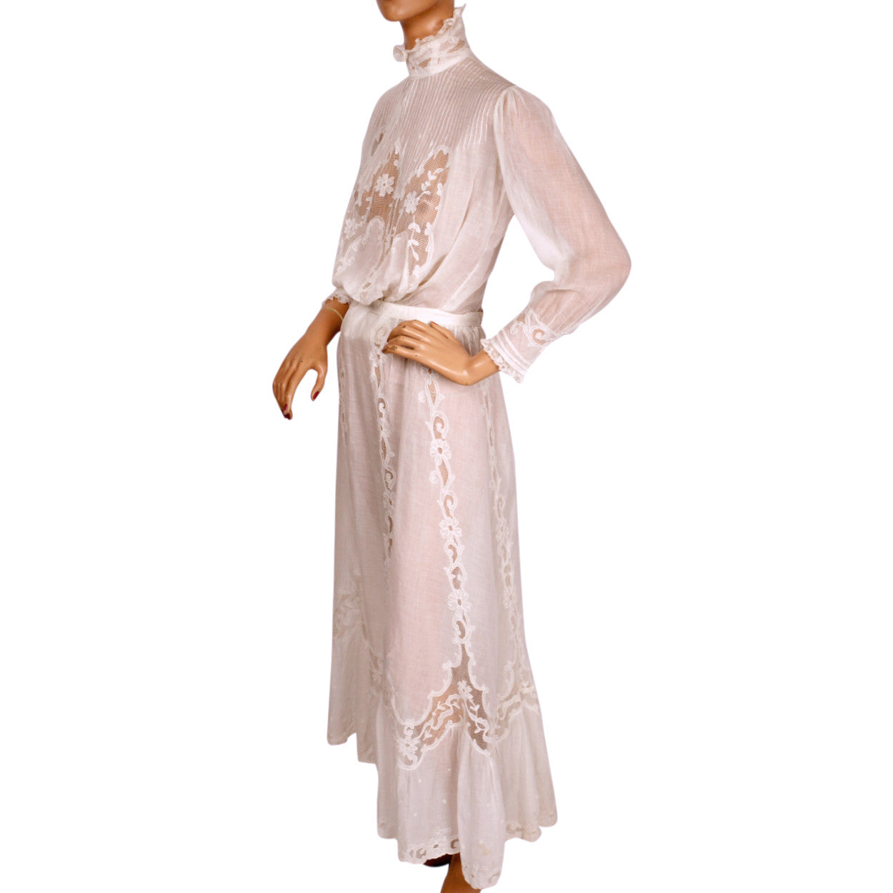 Antique Edwardian White Lawn Cotton & Lace Garden Party Dress - 2 Piece Outfit - Poppy's Vintage Clothing