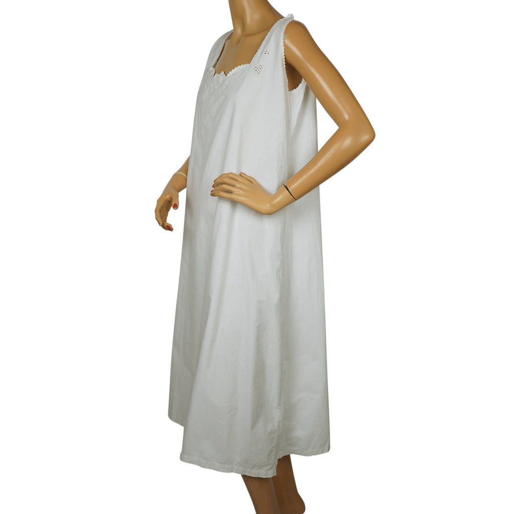 Antique White Cotton Nightie Embroidered Nightgown 1910s Size Large - Poppy's Vintage Clothing
