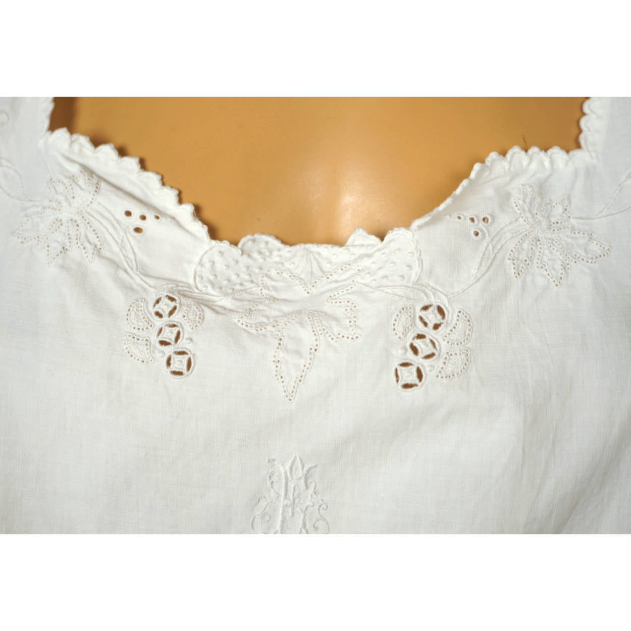 Antique White Cotton Nightie Embroidered Nightgown 1910s Size Large - Poppy's Vintage Clothing