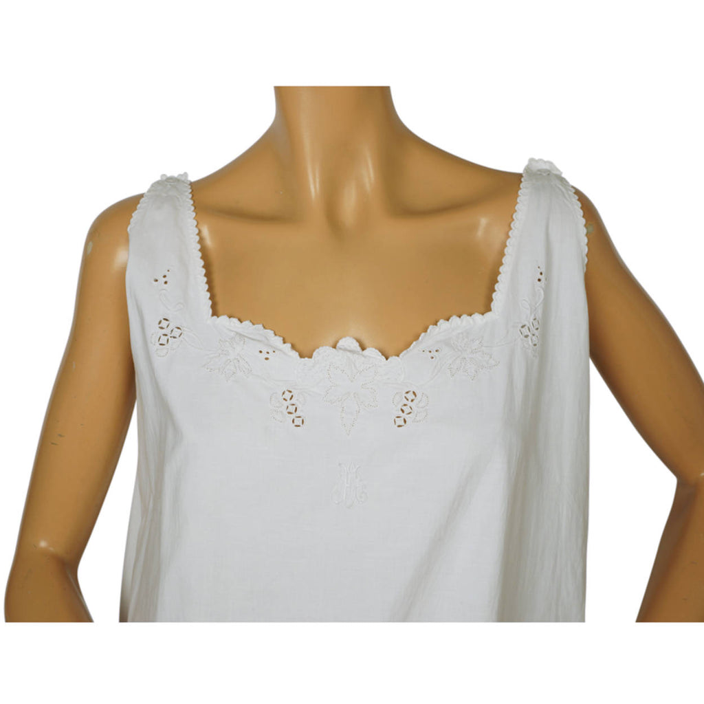 Antique White Cotton Nightie Embroidered Nightgown 1910s Size Large - Poppy's Vintage Clothing