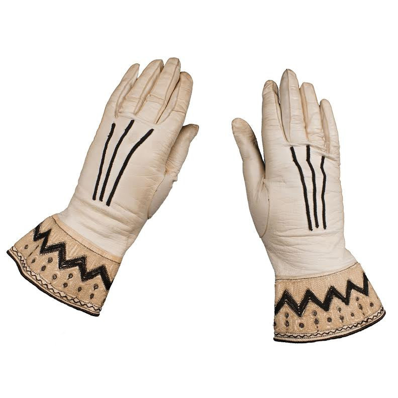 Vintage Edwardian Cream Leather Gloves - Embroidered - 6 3/4 - Titantic Era - Poppy's Vintage Clothing