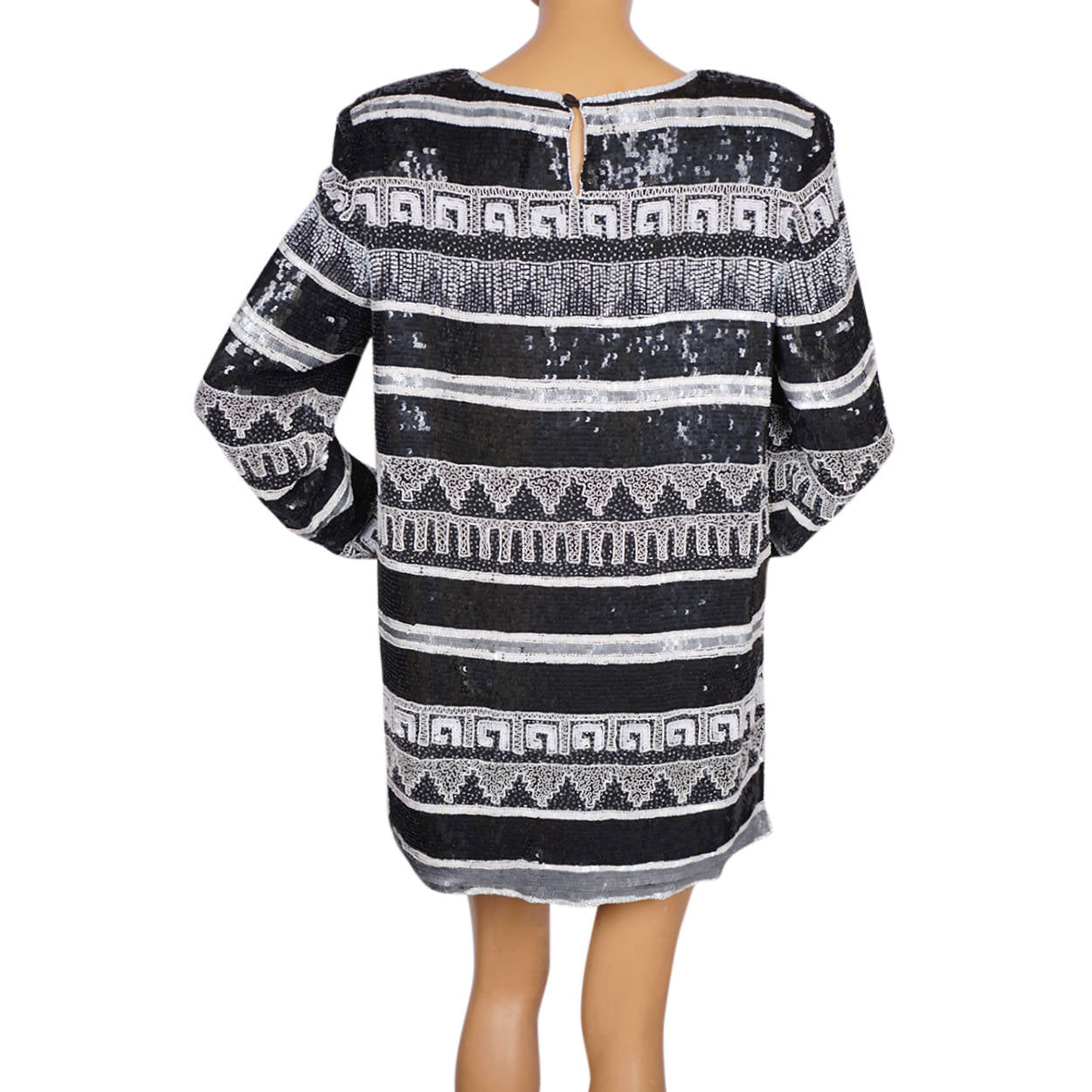 Vintage 1980s Beaded Sequinned Silk Dress Black & White Elegance Paris Size L XL - Poppy's Vintage Clothing