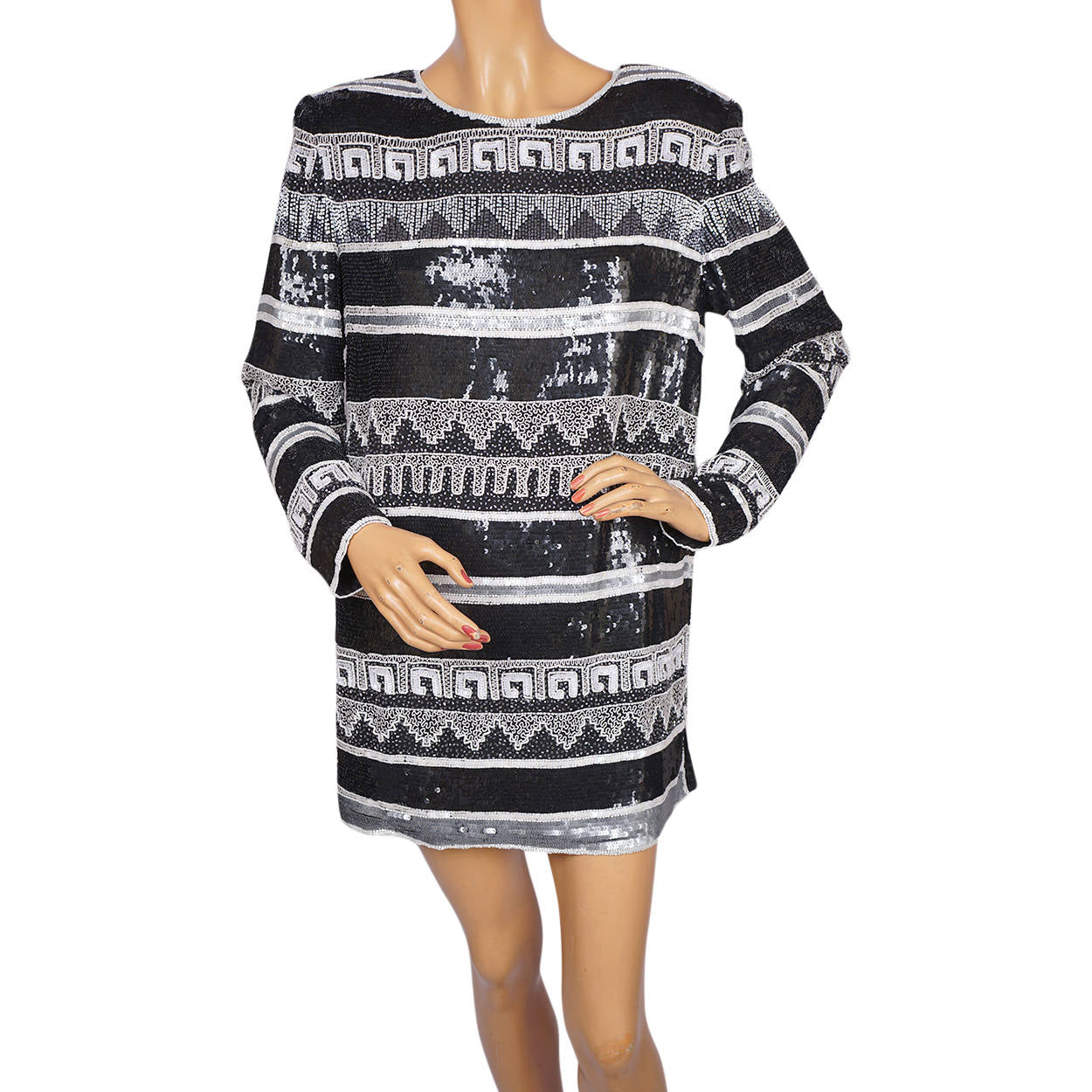 Vintage 1980s Beaded Sequinned Silk Dress Black & White Elegance Paris Size L XL - Poppy's Vintage Clothing