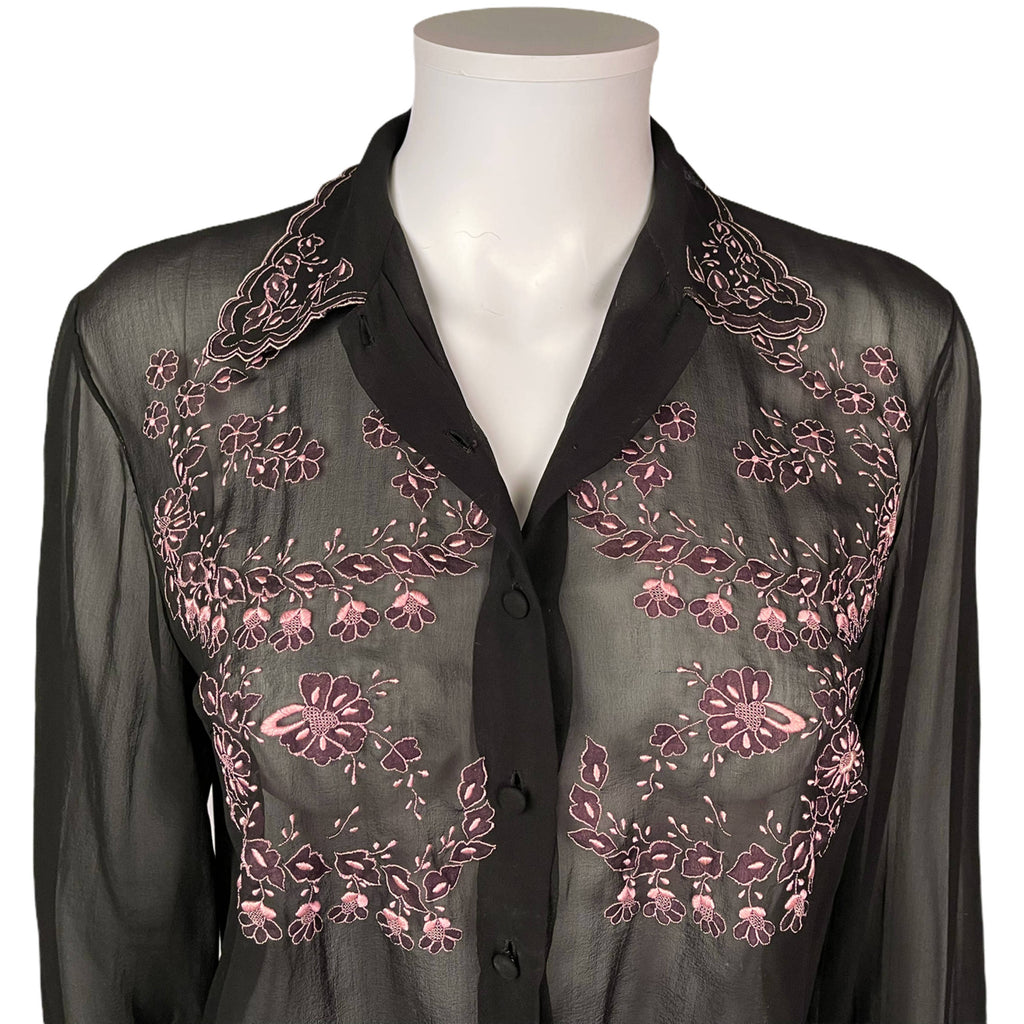 Vintage 1940s Blouse Black Embroidered Silk Chiffon Size M L