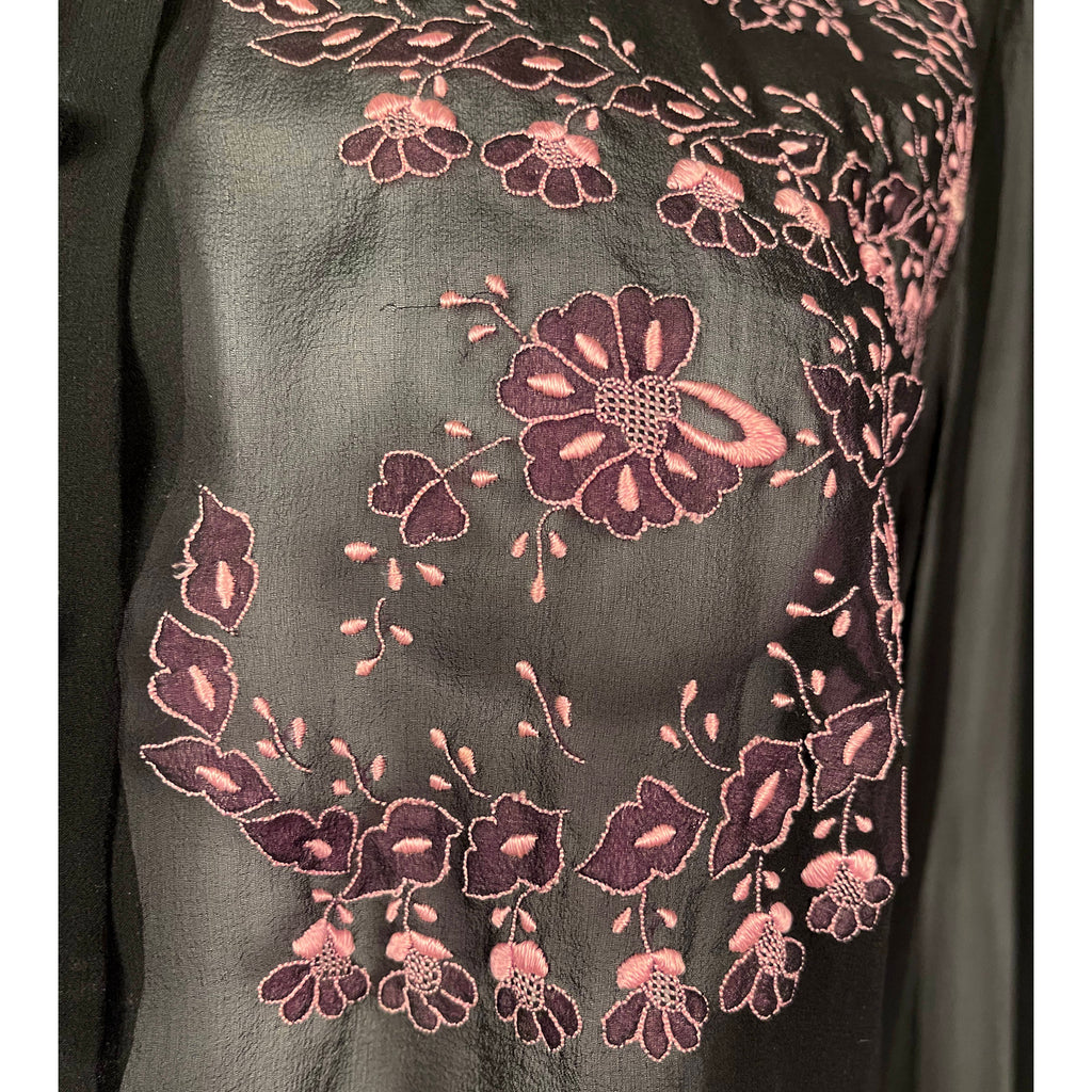 Vintage 1940s Blouse Black Embroidered Silk Chiffon Size M L