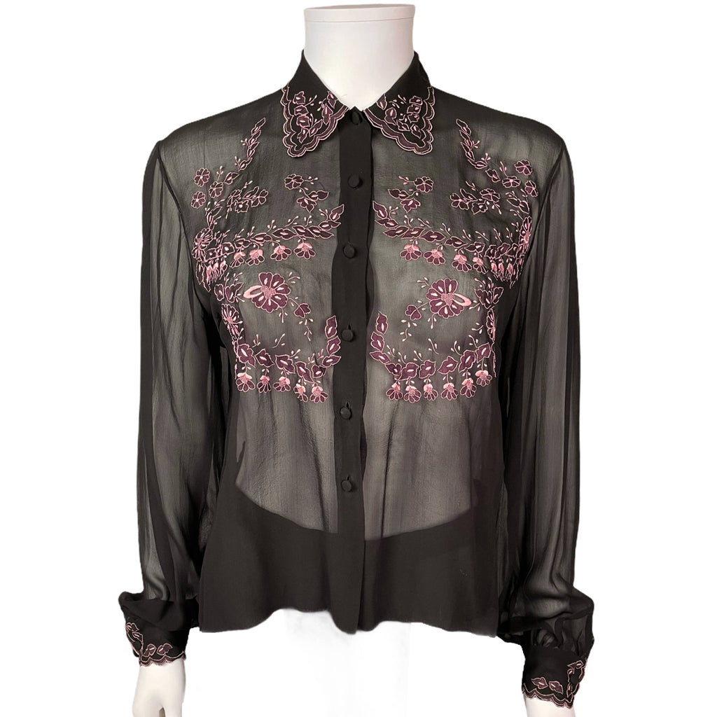 Vintage 1940s Blouse Black Embroidered Silk Chiffon Size M L