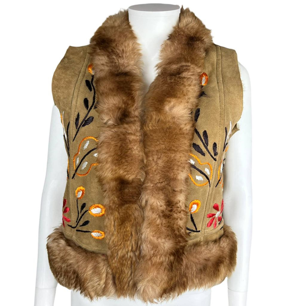 Vintage 1970s Afghan Hippie Vest Embroidered Shearling Sz S