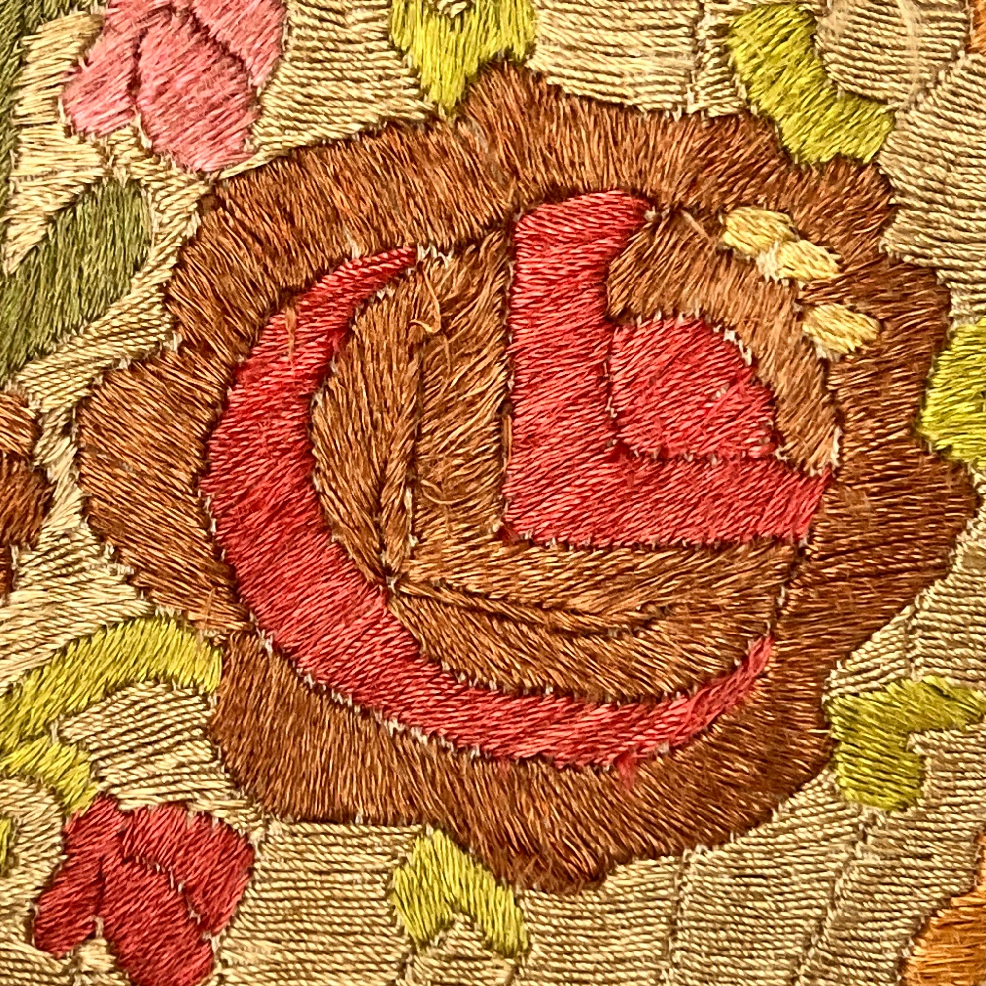 Antique Pillow Embroidered Rose Flowers c 1920 Cushion