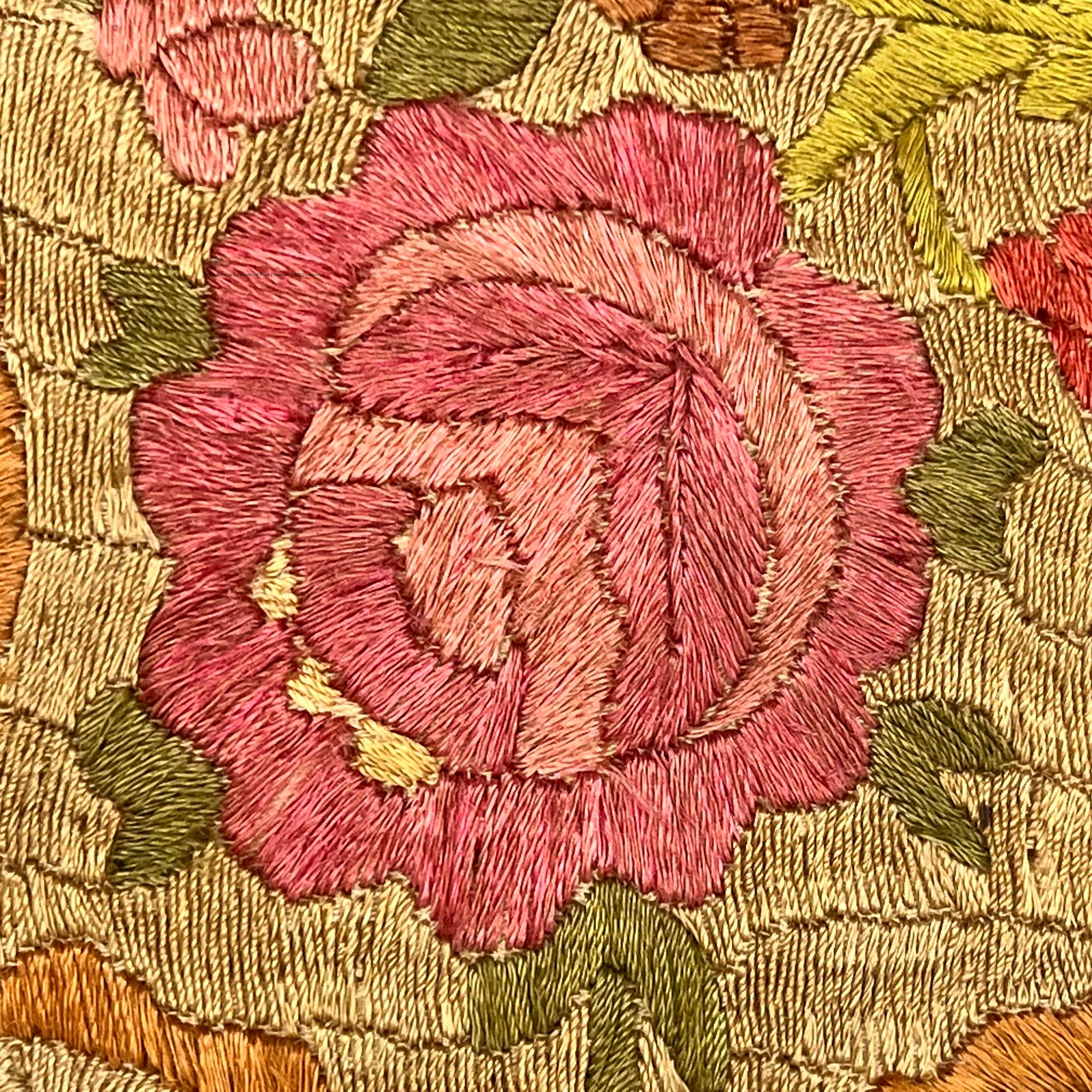 Antique Pillow Embroidered Rose Flowers c 1920 Cushion