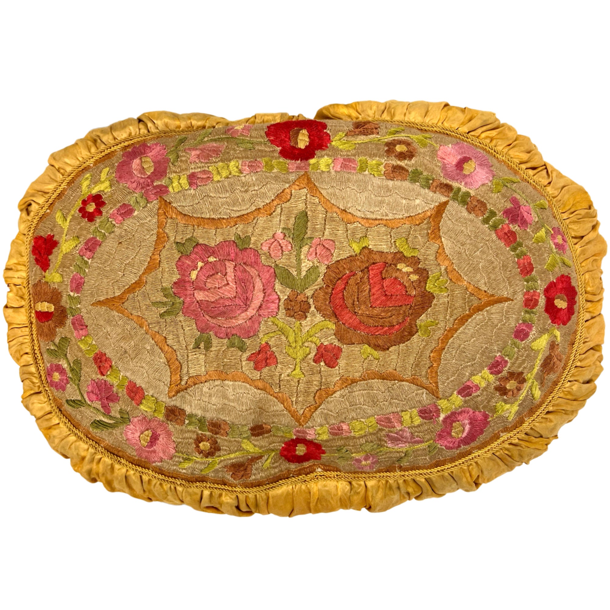 Antique Pillow Embroidered Rose Flowers c 1920 Cushion