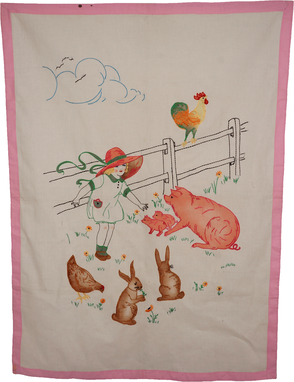 Vintage Embroidery of Farm Animals Wall Hanging or Crib Cover - Poppy's Vintage Clothing