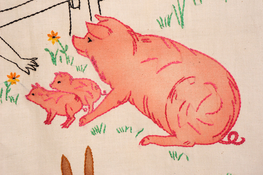 Vintage Embroidery of Farm Animals Wall Hanging or Crib Cover - Poppy's Vintage Clothing