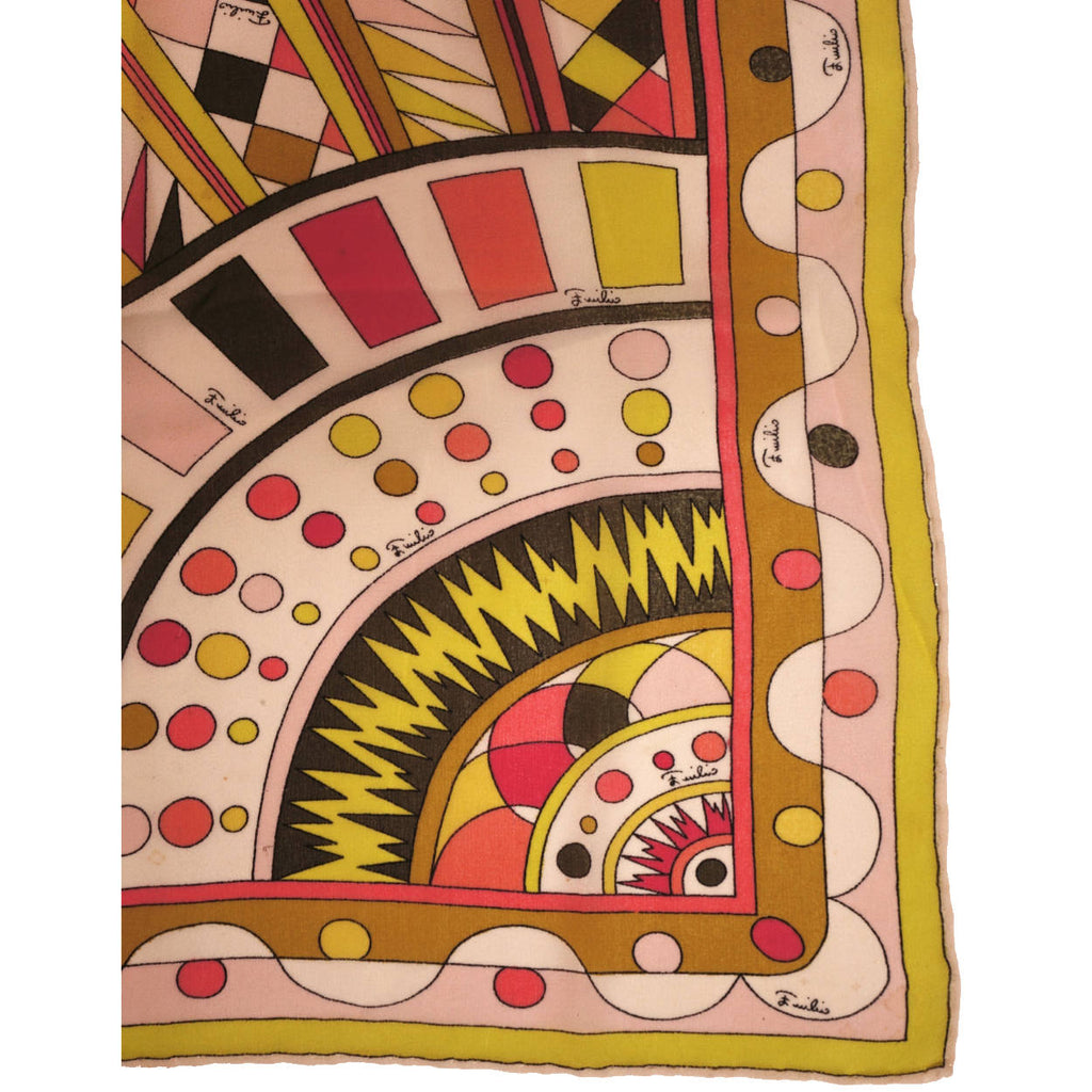 Vintage 1960s Emilio Pucci Mod Geometric Scarf Silk Chiffon Signed 36” w Original Package - Poppy's Vintage Clothing