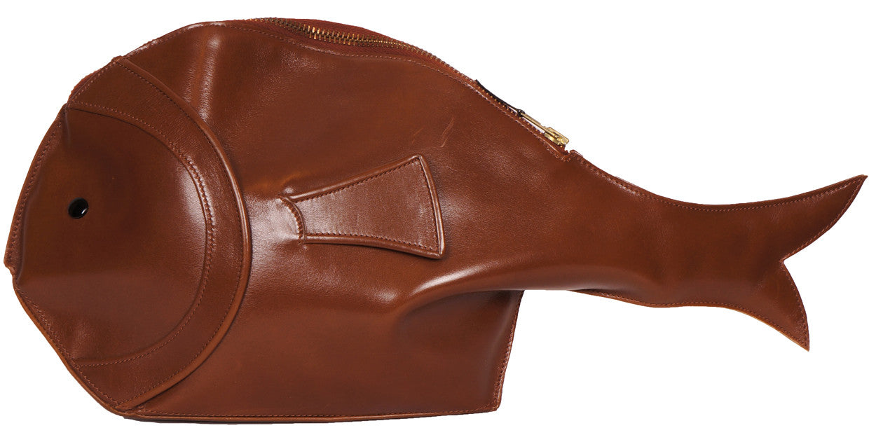 Vintage 1990s Emmanuelle Khanh Fish Form Novelty Purse Brown Leather Clutch Style - Poppy's Vintage Clothing