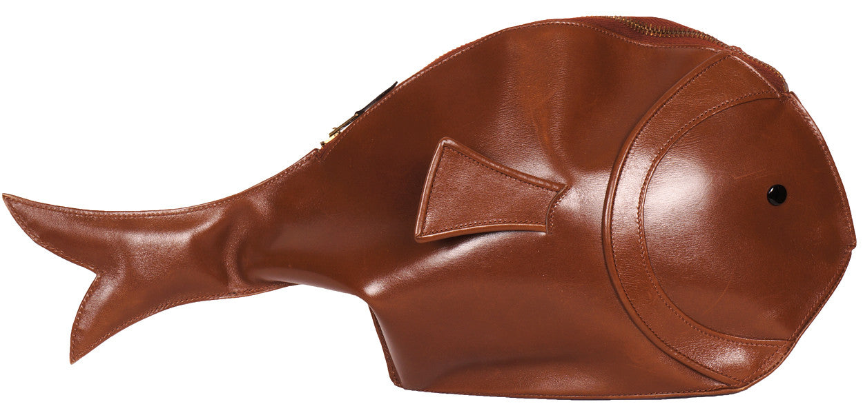 Vintage 1990s Emmanuelle Khanh Fish Form Novelty Purse Brown Leather Clutch Style - Poppy's Vintage Clothing