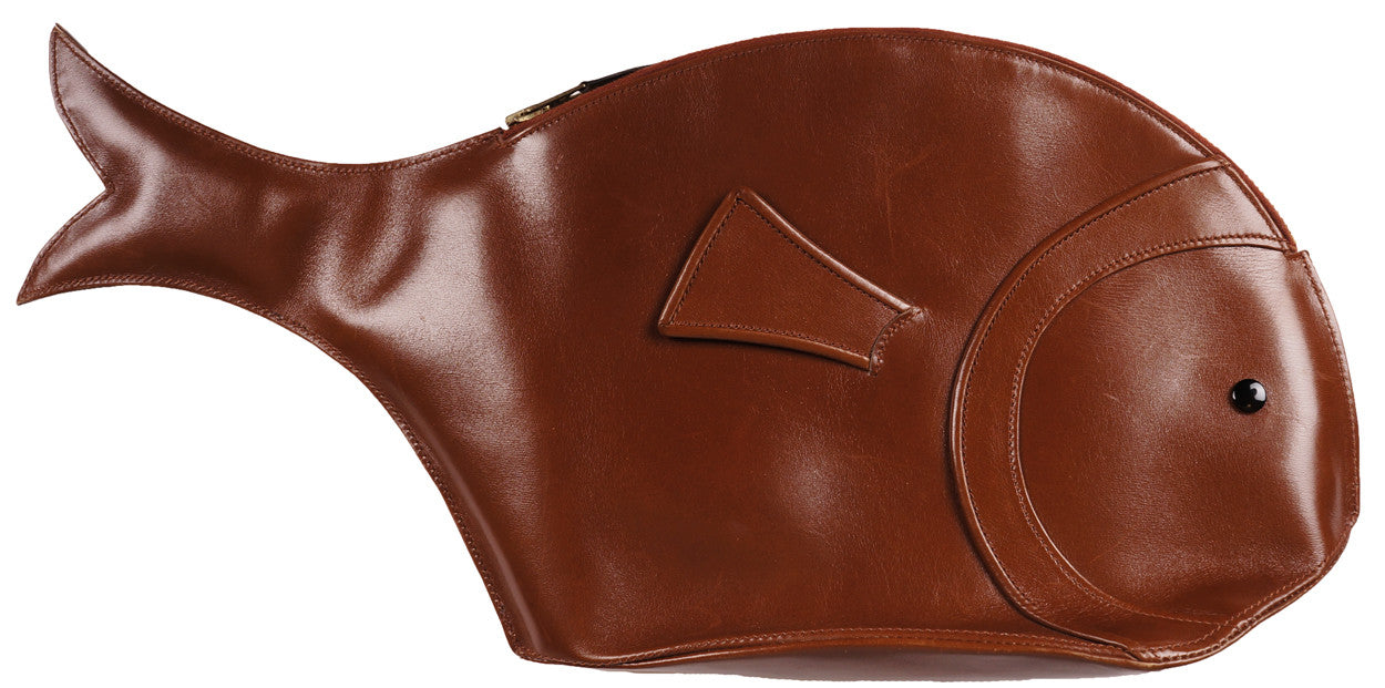 Vintage 1990s Emmanuelle Khanh Fish Form Novelty Purse Brown Leather Clutch Style - Poppy's Vintage Clothing